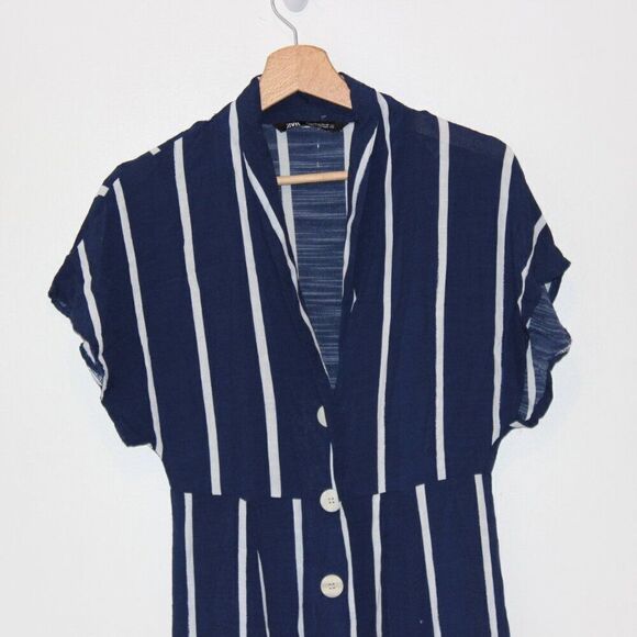 Zara Navy Blue & White Stripes Button Details midi Dress Women's Size M - Picture 3 of 13